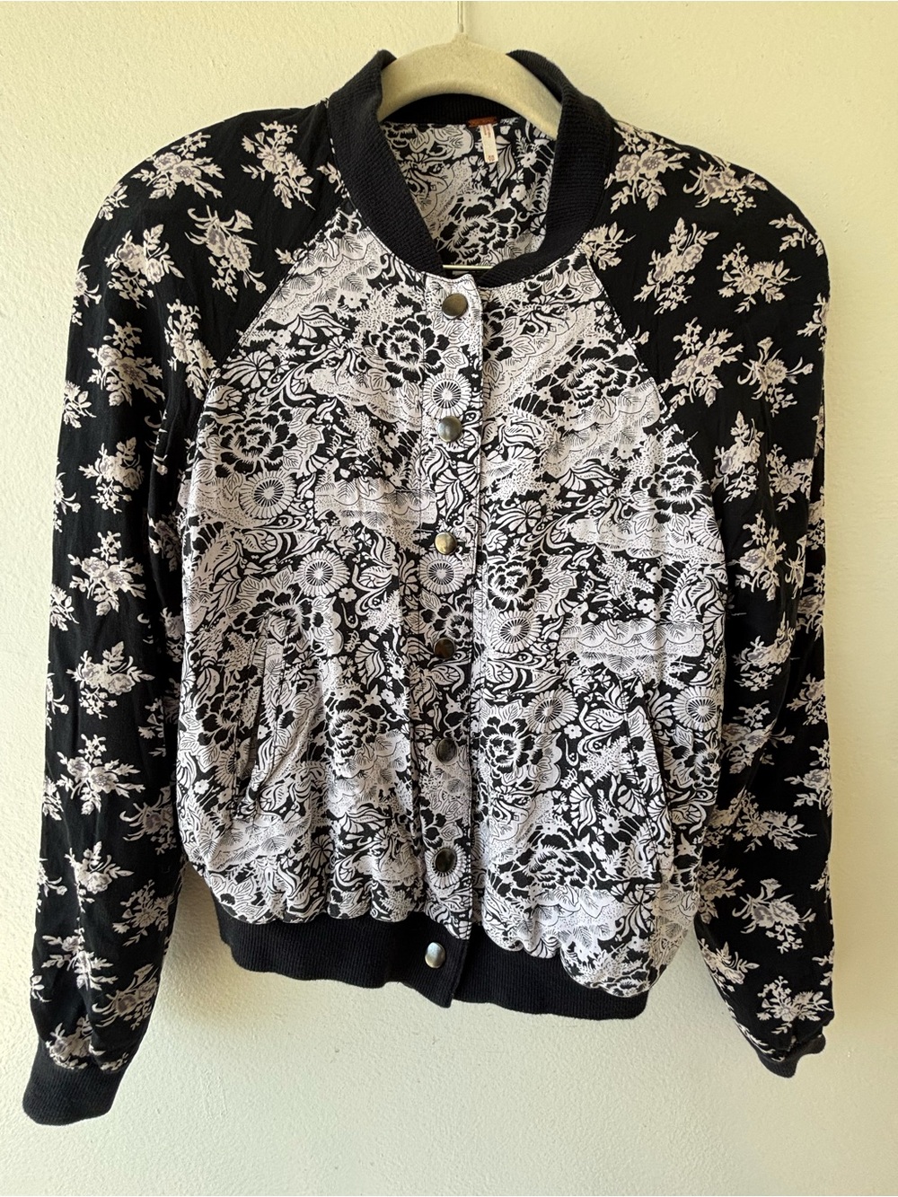Free People Black & White Floral Bomber Jacket